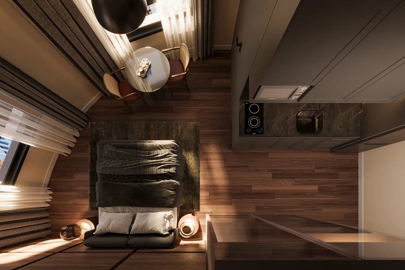 Studio da coluna 09 visto de cima, com cama, mesa e cozinha integrada